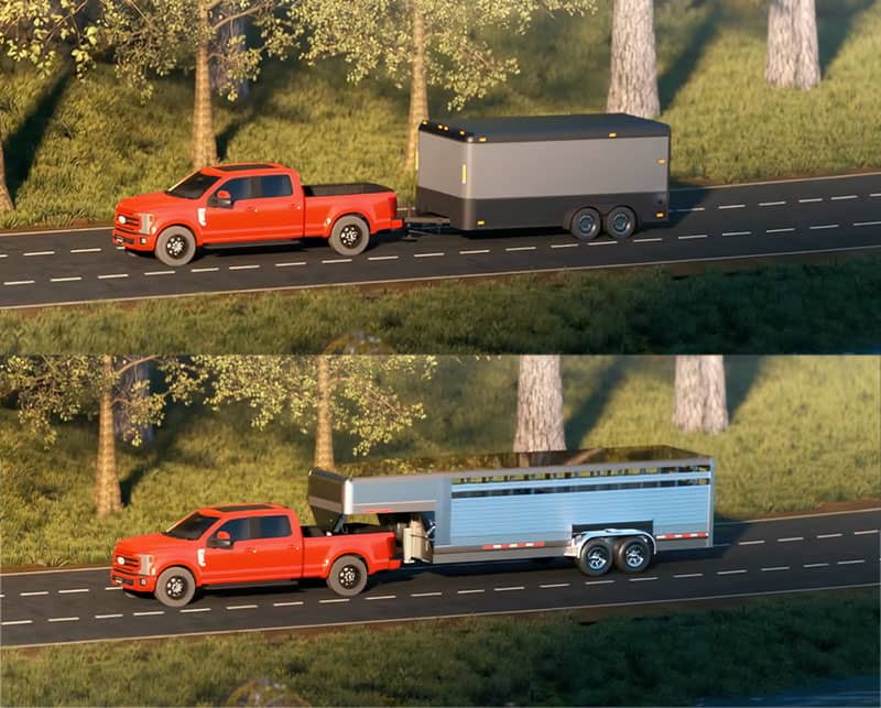 Truck with smaller and larger trailer